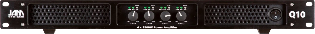 Q10 front panel with four channel attenuators, indicators and power switch