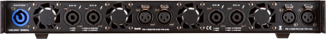 JAM Systems Q10 rear panel showing audio inputs, speaker outputs, cooling fans and mains inlet