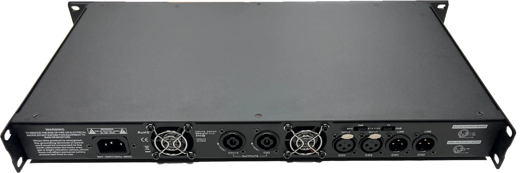 JAM Systems X16 rear view showing mains inlet, cooling fans, speaker outputs, audio inputs, link outputs and switches