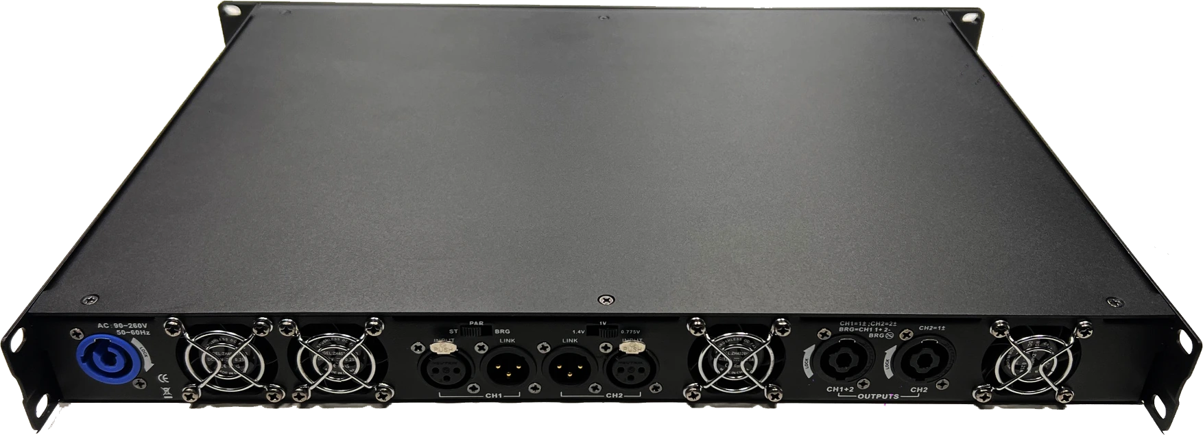 JAM Systems X72 rear view showing mains inlet, cooling fans, audio inputs, link outputs, speaker outputs and switches