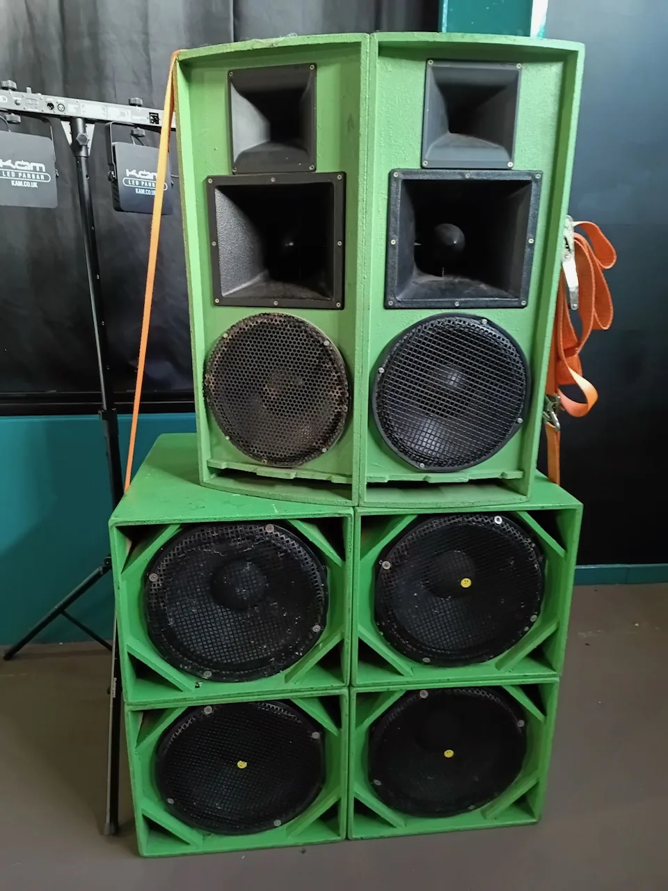 MT1581 tops with S118 subwoofers in a special green TuffCab finish